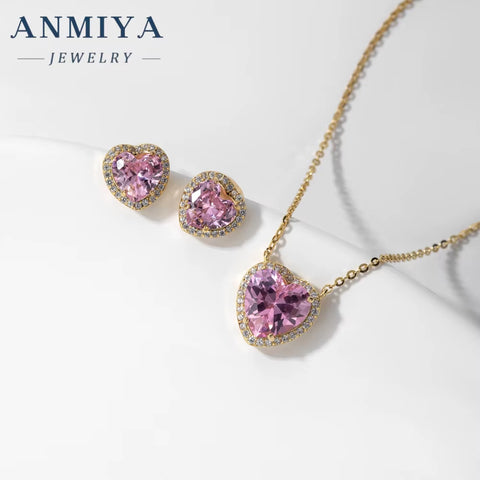 ANMIAY New Fine 925 Silver Heart Zircon Necklace Pink Crystal Stud Earrings Luxury Earrings Necklace Set for Women