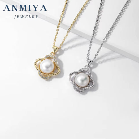 ANMIYA Four Leaf Clover Single Fresh Water Pearl Shape Flower 925 Silver Jewelry Necklace for Women Fashion