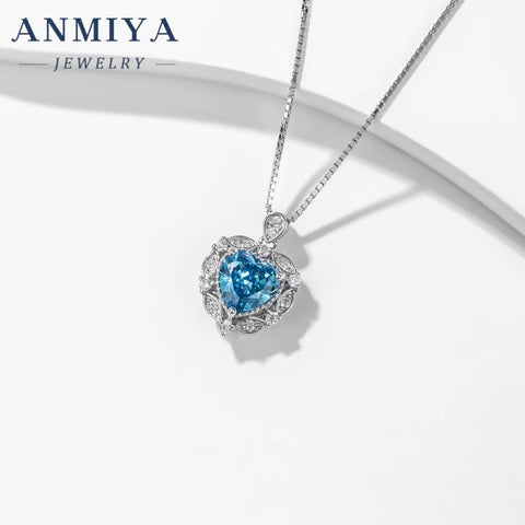 Fashion Jewelry Sterling Silver Ice Cut Heart Blue CZ Necklace Love Lovers Gift Necklace