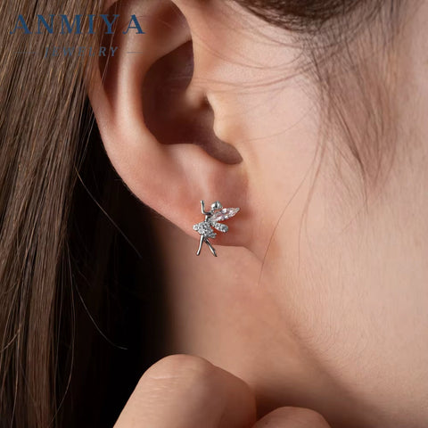ANMIYA Summer Fairy Shape Cute Zircon S925 Silver Stud Earrings for Gisl Bestfriends Hypoallergenic