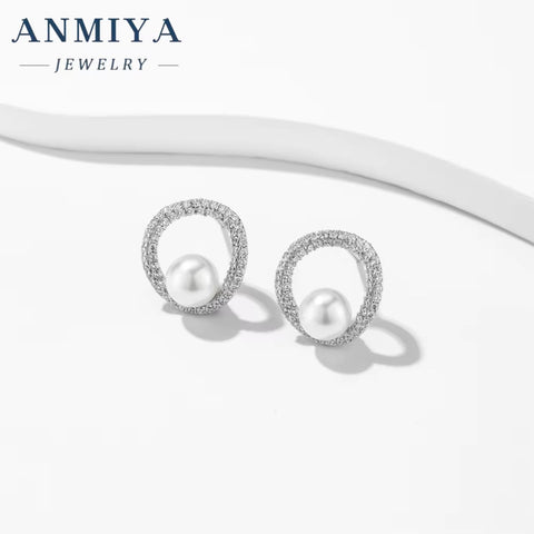 ANMIYA Elegant Freshwater Pearl Sutds Earrings Cubic Zirconia Pearl Earrings for Women