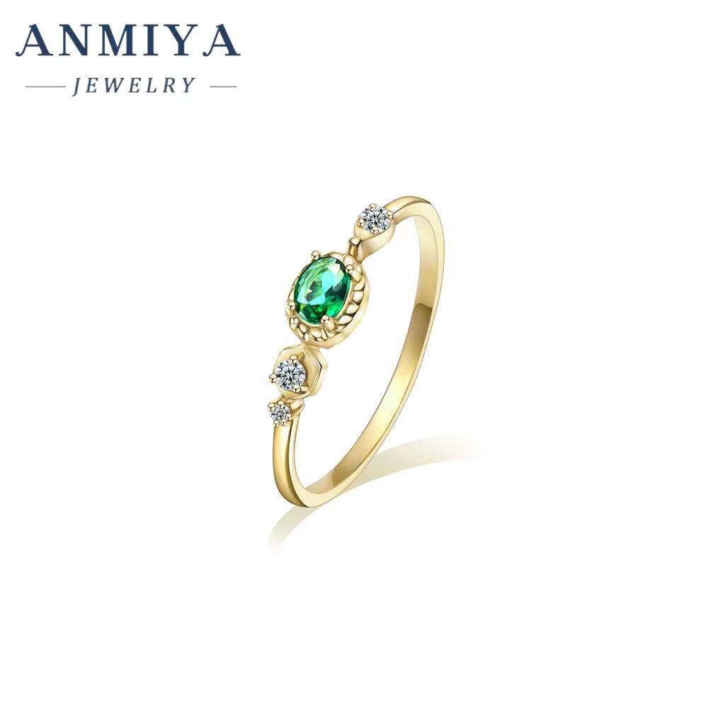 ANMIYA Europe Fashion Vintage Trendy Green Zircon Jewelry 18K Gold Plated Rings for Women