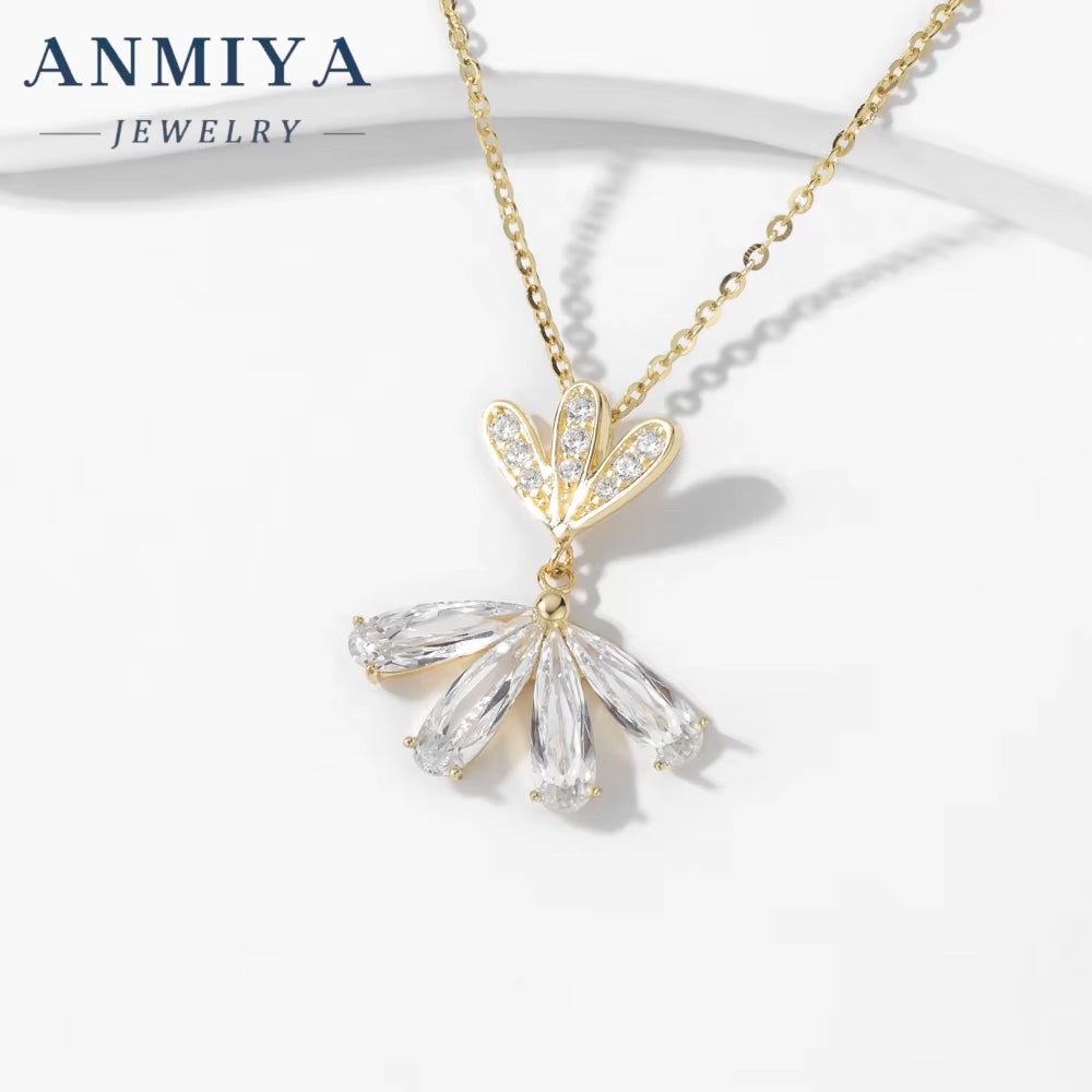 ANMIYA Fine Jewelry Statement Flower Shape Zircon 925 Sterling Silver Shiny Necklace for Women