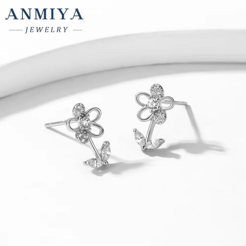 ANMIYA New Fashion 925 Sterling Silver Cute Flower Ear Stud Earrings Studs for Women Jewelry