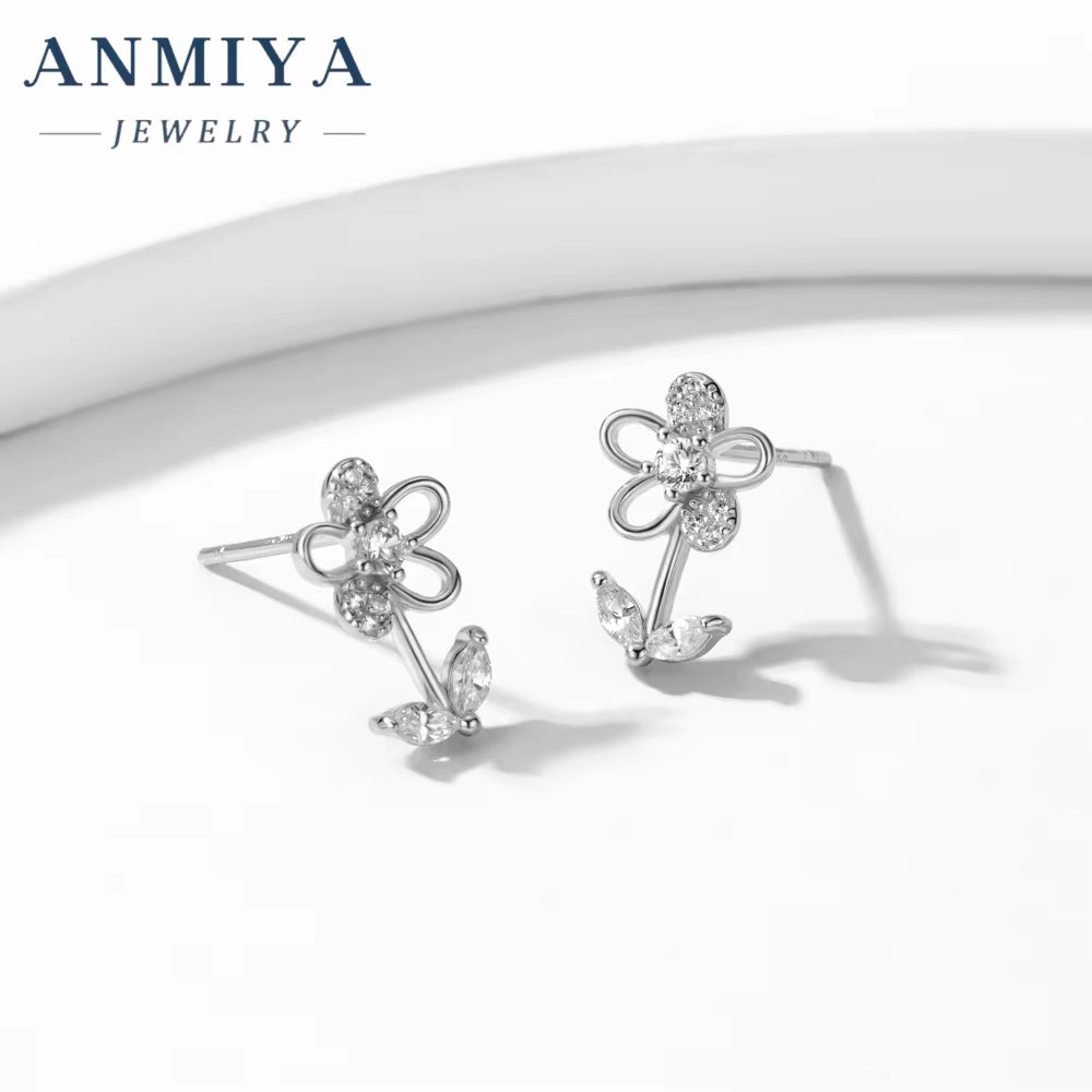 ANMIYA Fashion Wedding Jewelry Earrings New 925 Sterling Silver Clear Zircon Flower Stud Earrings for Women Gifts