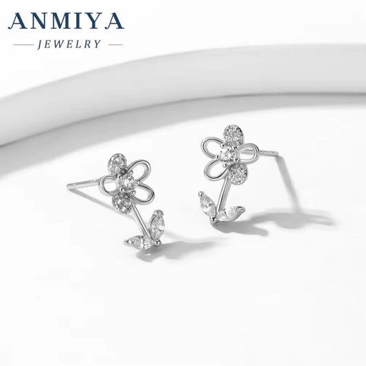 ANMIYA Fashion Wedding Jewelry Earrings New 925 Sterling Silver Clear Zircon Flower Stud Earrings for Women Gifts
