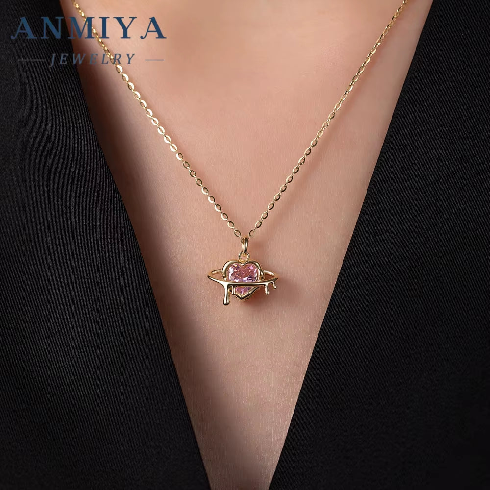 ANMIYA Hot Selling Discount Set Cute Mini Galaxy Pink Heart Necklace Cubic Zirconia Earring Jewelry Set
