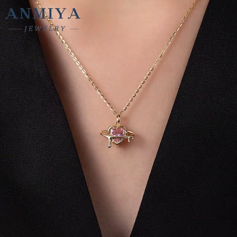 ANMIYA Hot Selling Discount Set Cute Mini Galaxy Pink Heart Necklace Cubic Zirconia Earring Jewelry Set