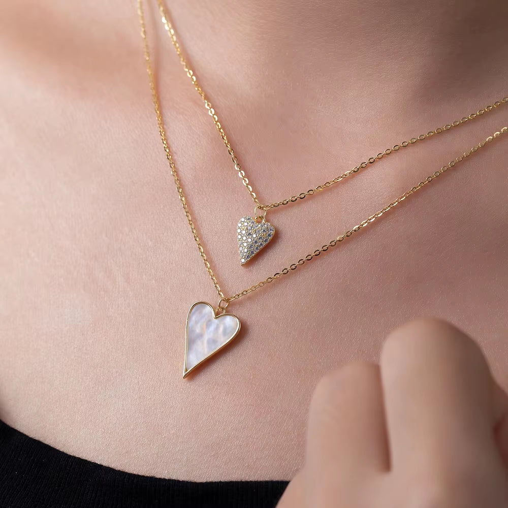 Double Chain Jewelry Wholesale Heart Choker White Shell Pearl 18K Gold Plated Pendant Necklace for Women