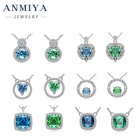ANIMIYA Ice Heart Cut Shape round Zircon Green Blue Diamond 925 Sterling Silver Fashion Jewelry Pendent Necklaces