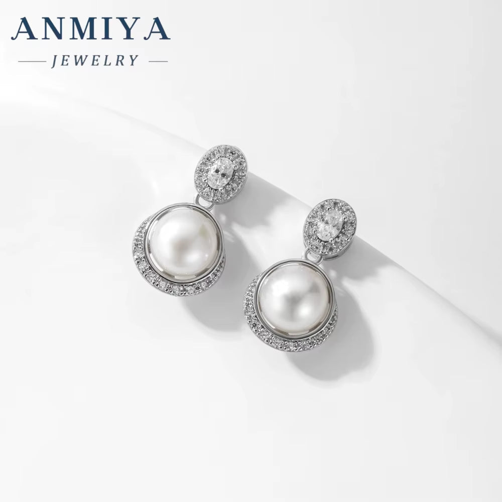 ANMIYA New Tide Water Drop Zircon Stone Pearl Fresh Water 925 Silver Girls Stud Earrings for Women Bridal