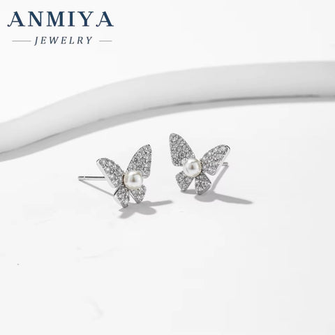 ANMIYA Fashion 925 Silver Jewelry Vintage Cz Pearl Butterfly Earrings Rhinestone Pearl Stud Earrings