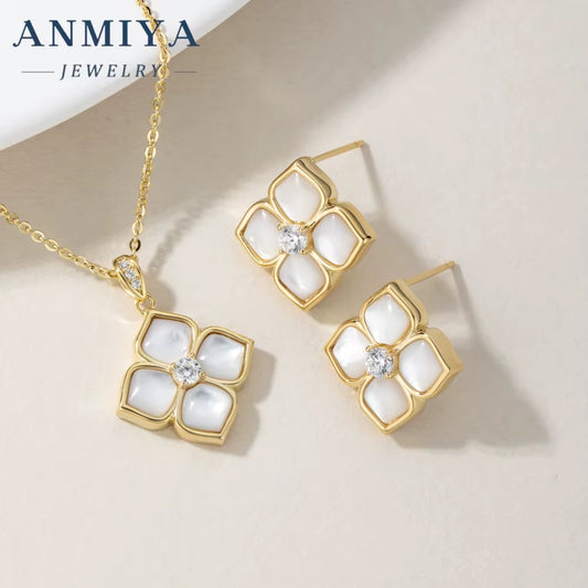 ANMIYA Wholesale S925 Silver Petal Four Leaf Clover Chalcedony Zircon Earrings Necklace Set for Wedding Party or Gift