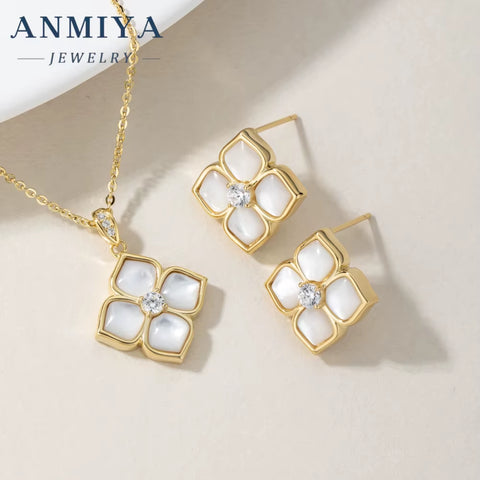 ANMIYA Wholesale S925 Silver Petal Four Leaf Clover Chalcedony Zircon Earrings Necklace Set for Wedding Party or Gift