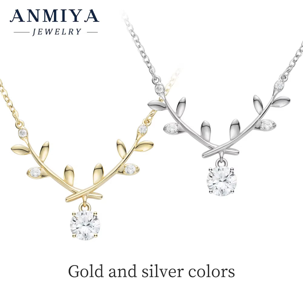ANMIYA Cubic Zirconia Leaf Shape Women Party Wedding Necklace Set 925 Sterling Silver Dubai Bridal Jewelry