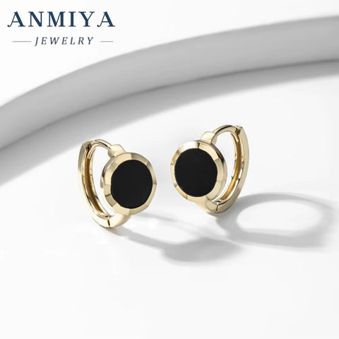 ANMIYA Black round 18K Gold Plated Classic Vintage Fashion Jewelry Hoop Stud for Girl Female Women