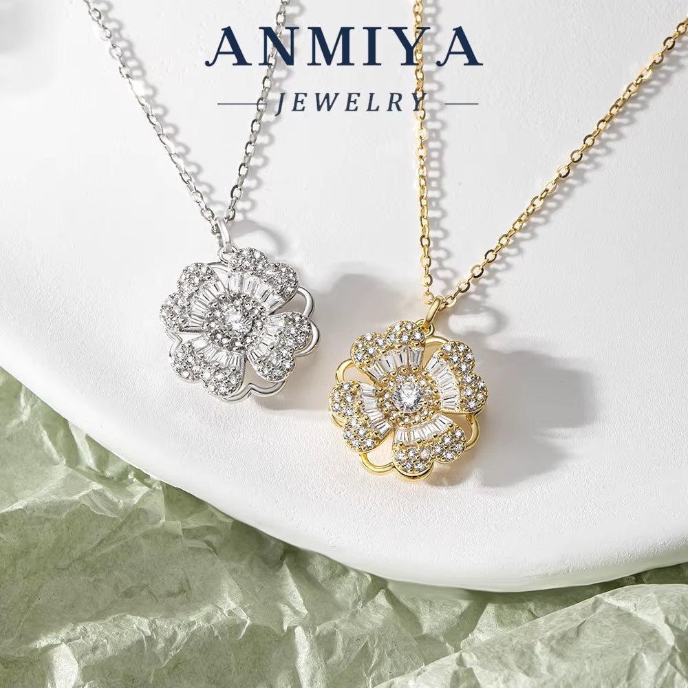 ANMIYA 925 Silver Gold-Plated Flower Pendant with Sparkling Zircon Bridal Jewellery with Certificate