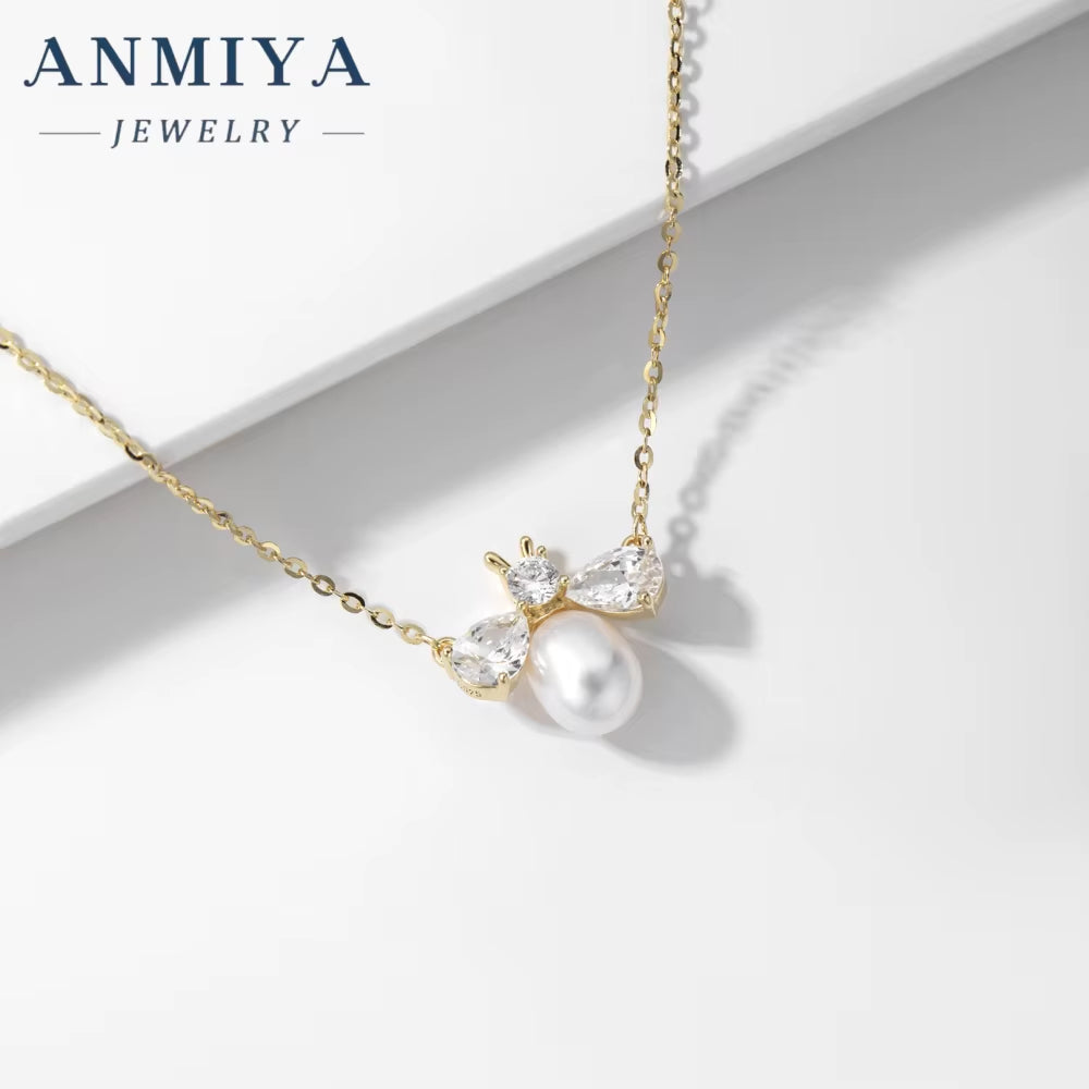 ANMIYA Personality Bee Fresh Water Pearl Pendant 925 Silver Jewelry Real Gold Plating Zircon Necklace for Women