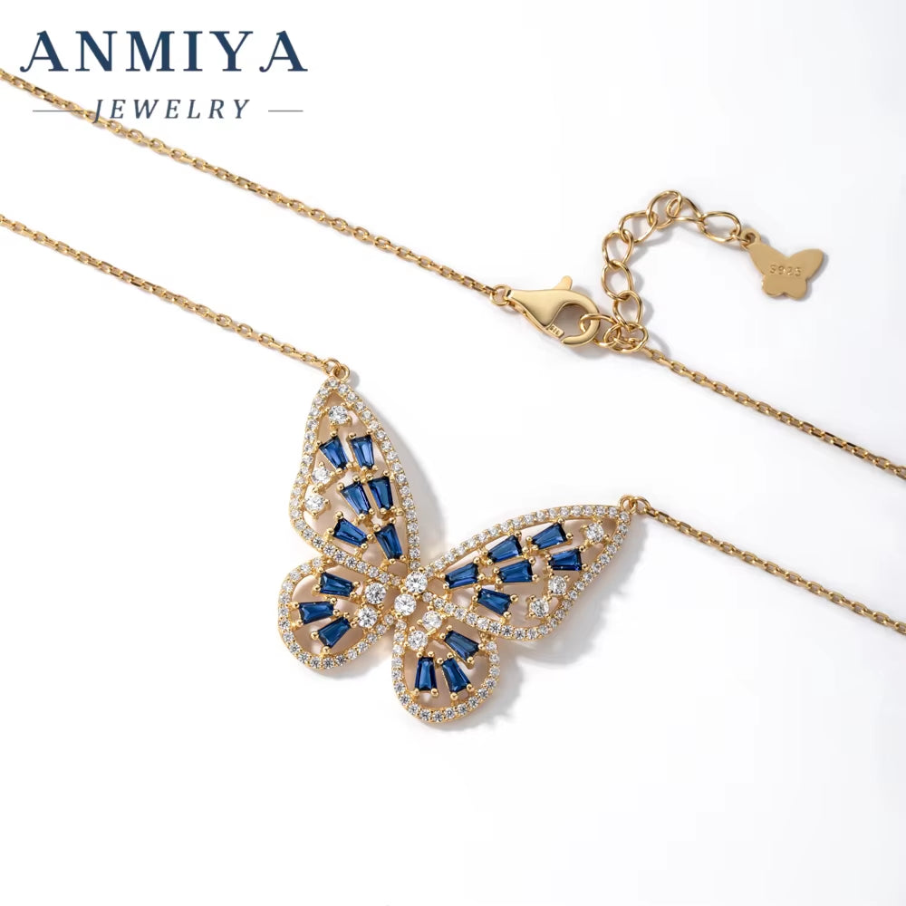 ANMIYA 2025 Light Luxury 925 Silver Cubic Zircon Necklace Colorful Big Butterfly 18K Gold Necklace Chain Necklace