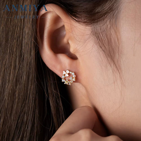 Niche 925 Sterling Silver Fashion Pink Clover Pearl Zircon Inlay Stud Earrings
