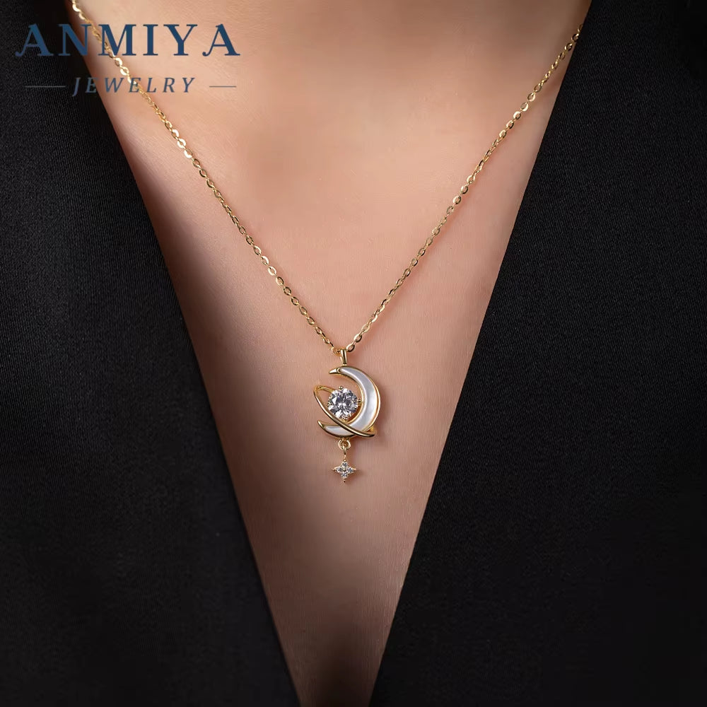 Fashion Jewelry Sets 18K Gold Plated 925 Silver Zircon Women Moon and Star Earrings Necklace Jewelry Set