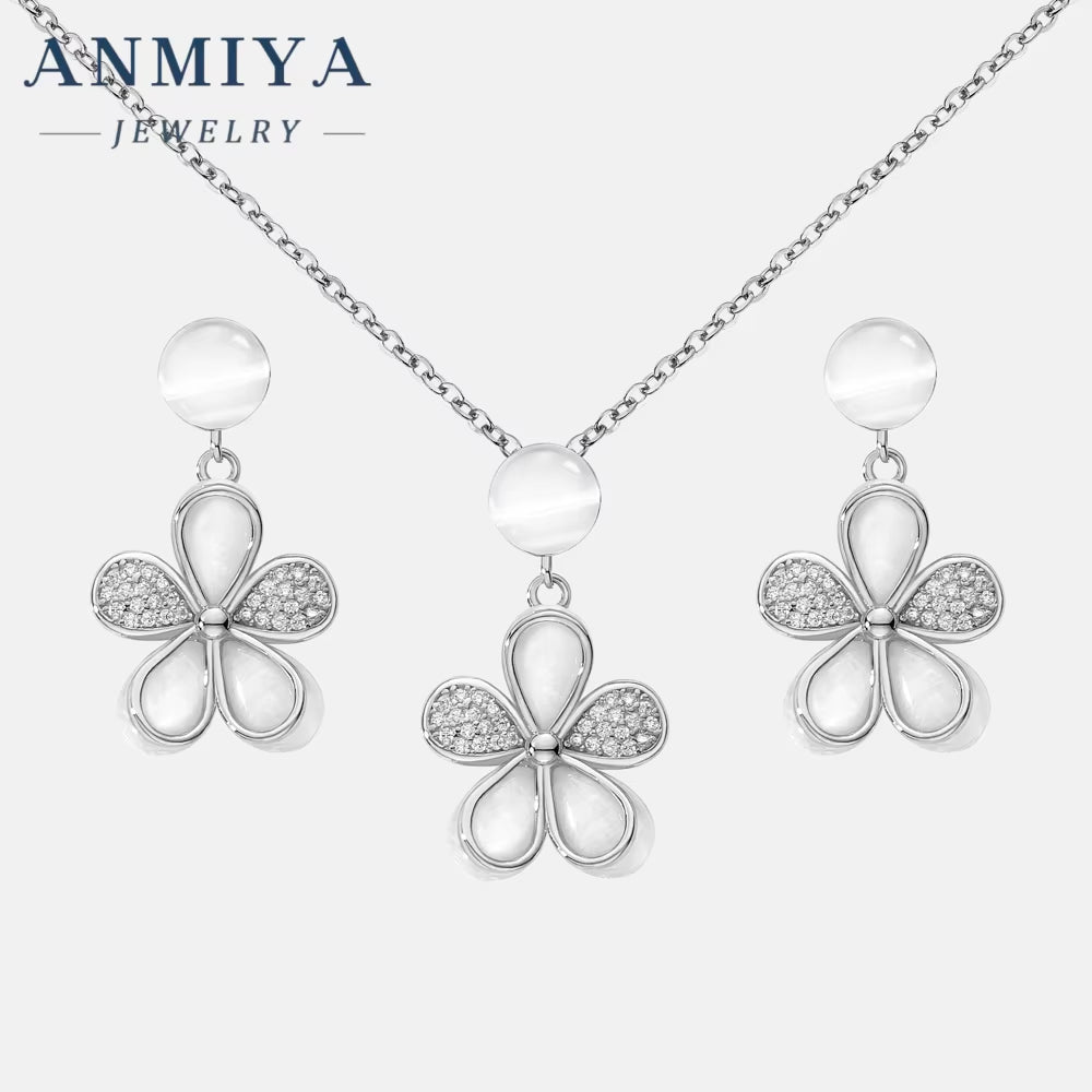 ANMIYA 925 Silver Necklace Women'S Fashion Zircon Flower Charm Pendant Necklace Earrings Set