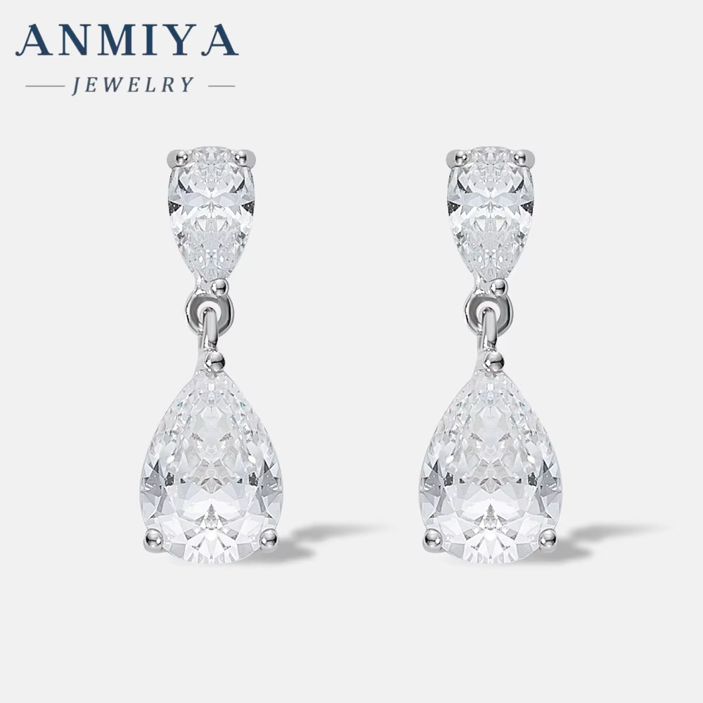 Shiny White Cubic Zirconia Water Drop Earrings for Brides Wedding Evening Party Costume Jewelry Accessories Rhodium Plated