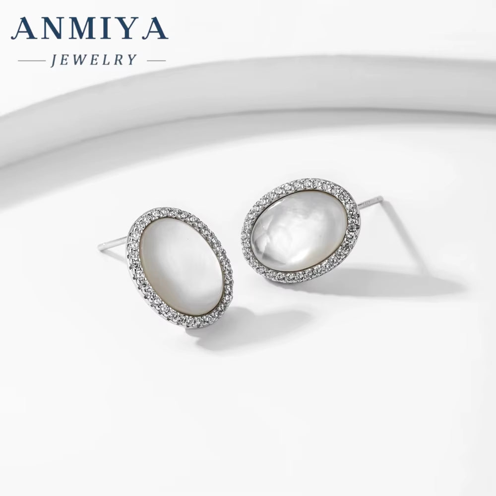 ANMIYA Fine Jewelry Earrings Vintage Classic 925 Silver Ellipsoid Fresh Water Pearls Stud Earrings