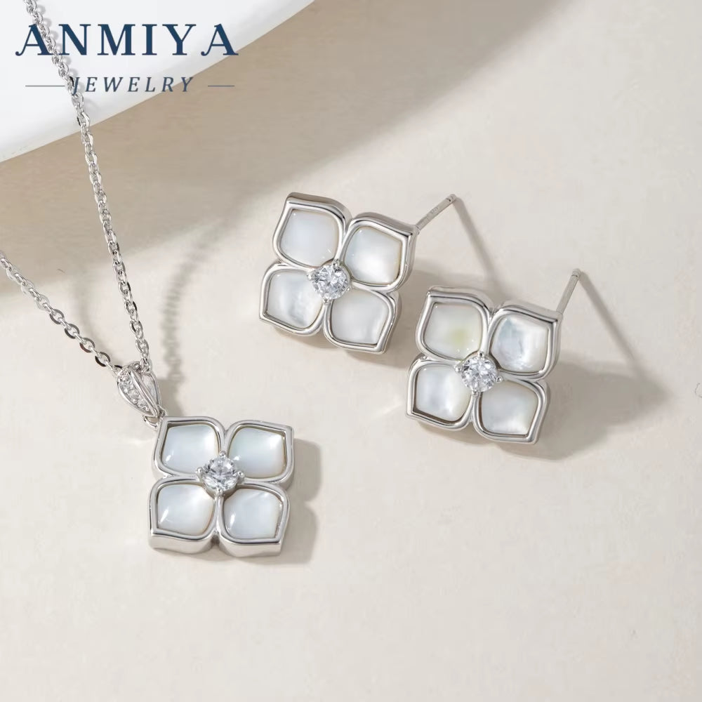 ANMIYA Petal Four Leaf Clover Chalcedony Zircon S925 Silver Minimalist Earrings Necklace Set Jewelry