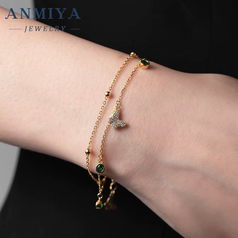 ANMIYA 925 Sterling Silver Chain Bracelet 18K Gold Butterfly Zircon Charm Bracelet for Women