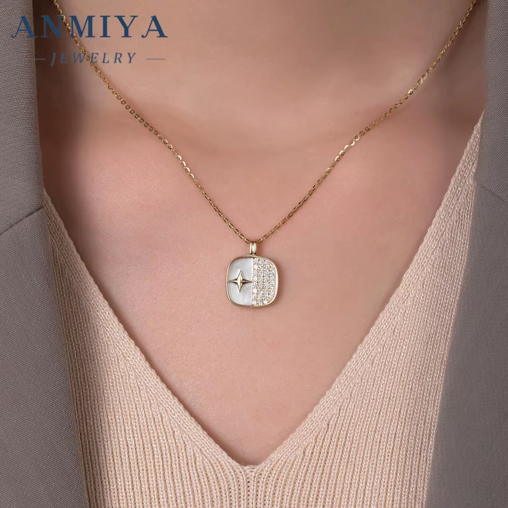 ANMIYA 925 Sterling Silver Minimalist Elegant Necklace Zircon White Shell Square Geometric Design Inoxidable Wedding