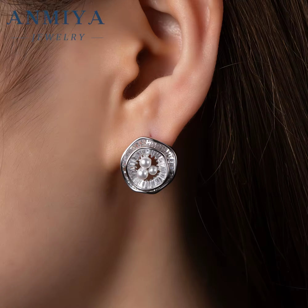 Fine Jewelry Freshwater Pearl 18K Gold Plated Zircon Flower Pendant Necklace Stud Earrings Jewelry Set for Women