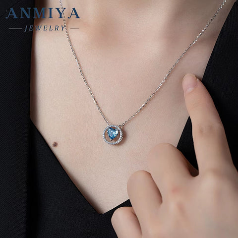 Luxury 925 Sterling Silver Ice Out Diamond Shinny Zircon Blue Heart Charm Wedding Necklace