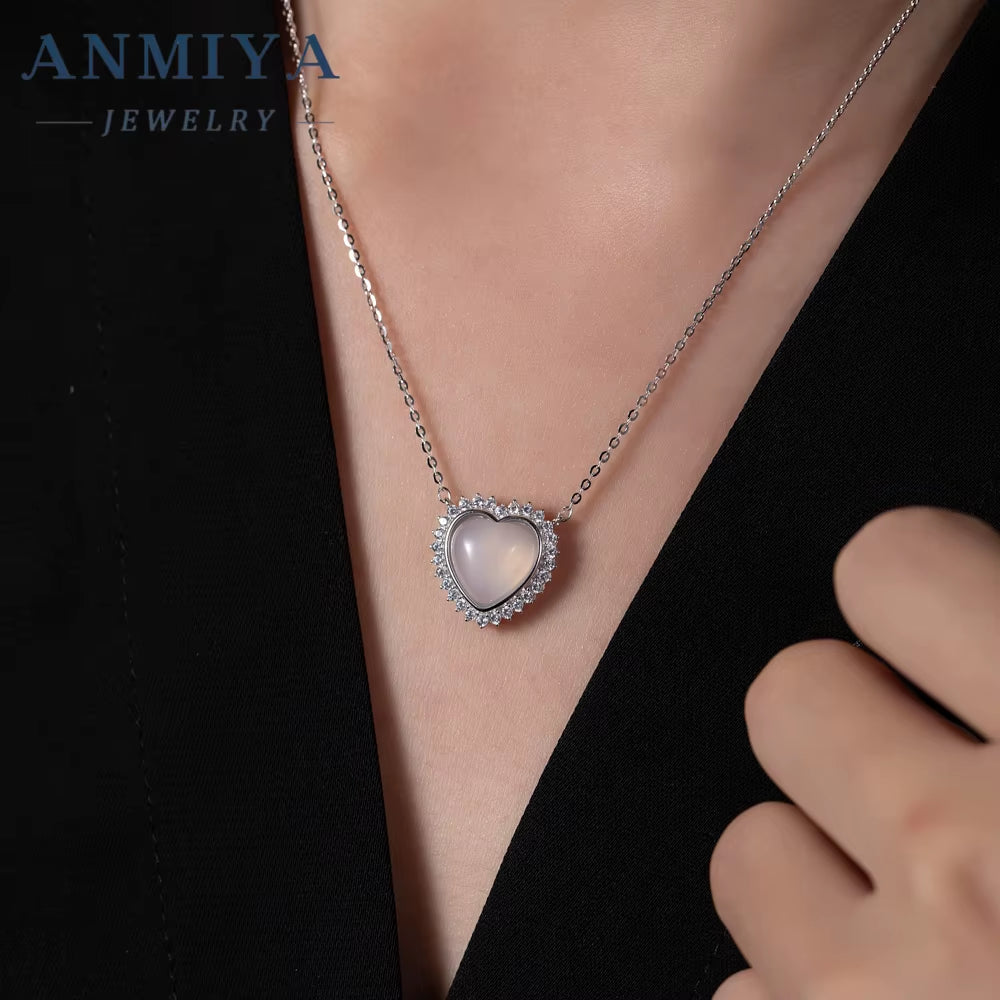 ANMIYA Fashion Chic CZ Zircon Green and White Chalcedony Heart Pendant S925 Silver Chain Necklace for Women