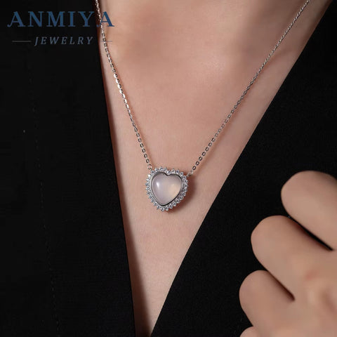 ANMIYA Fashion Chic CZ Zircon Green and White Chalcedony Heart Pendant S925 Silver Chain Necklace for Women