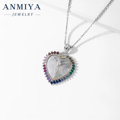 ANMIYA Women'S 925 Sterling Silver Jesus Heart-Shape Zircon Necklace New Design Fashion Jewelry for Wedding Party Engagement