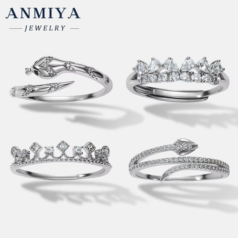 ANMIYA Custom Fashion Diamond Crown Ring 925 Sterling Silver Advanced Snake Shape Cubic Zirconia Fine Jewelry Ring for Women