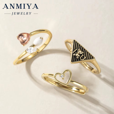 ANMIYA Luxury 925 Sterling Silver Chunky Rings 18K Gold Heart Shaped Triangle Ring Set for Lover Women Anniversary Gift