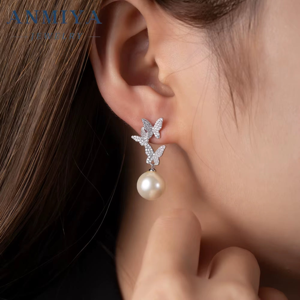 Manufacturer Statement Zircon Butterfly Fresh Water Pearl Stud Earrings for Anniversary Gift