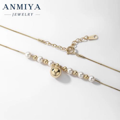 ANMIYA 18K Gold Plated 925 Sterling Silver Chain Beads Necklace Freshwater Cultured Pearl Necklace for Women Girls