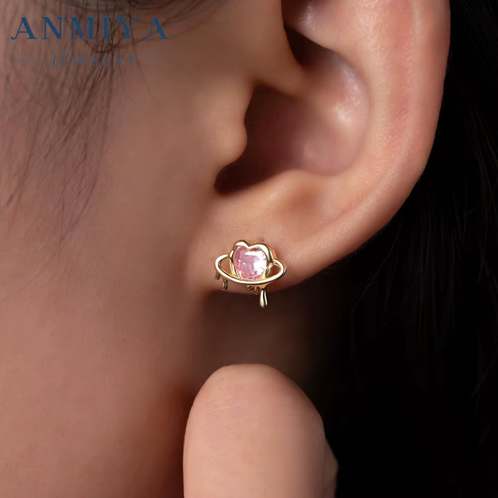 ANMIYA Hot Selling Discount Set Cute Mini Galaxy Pink Heart Necklace Cubic Zirconia Earring Jewelry Set