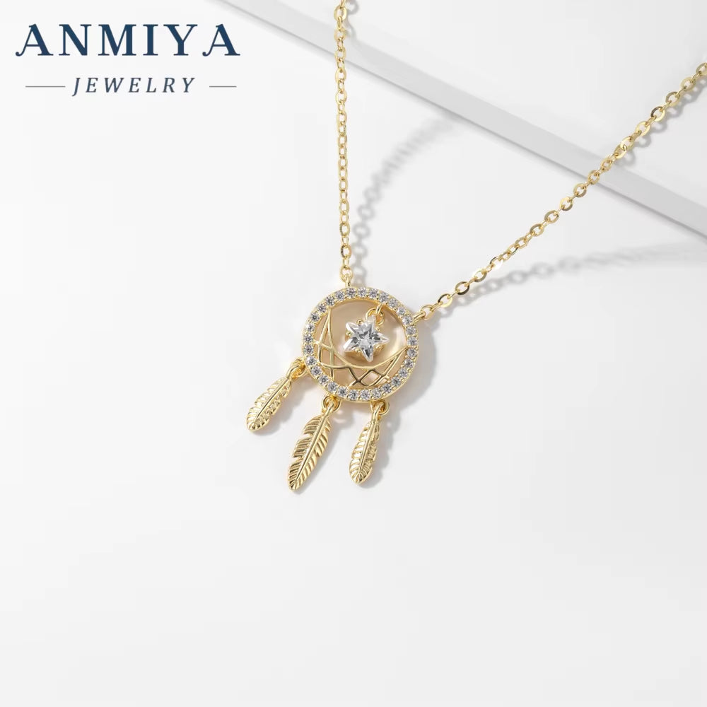18K Gold Plated 925 Sterling Silver Dream Catcher Pendant Collarbone Necklace with Zircon Thanksgiving Gift for Female
