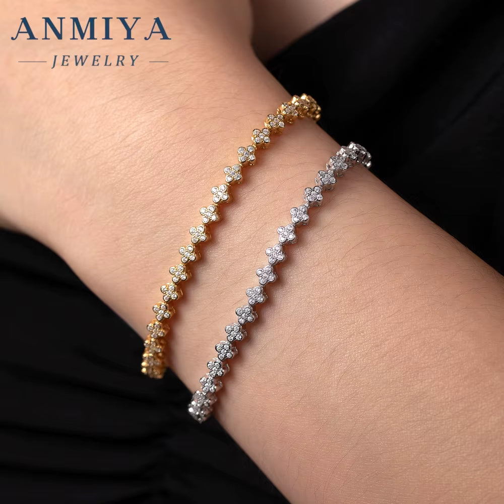 ANMIYA Women'S 925 Silver Fashion Bracelet Inlaid Four Leaf Clover Zircon Tennis Chain Waterproof Clover Bracelet