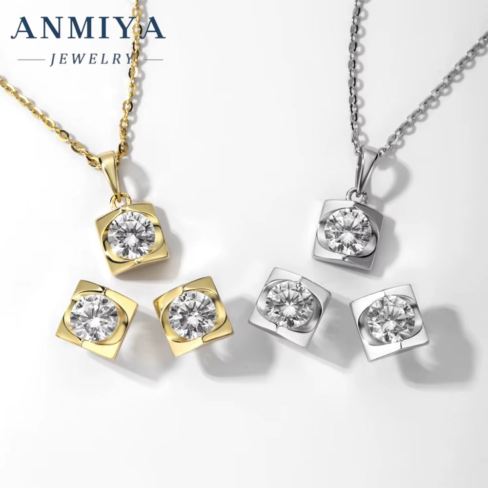 ANMIYA 2024 High Quality Square Zircon Pendant Necklace 925 Silver Zircon Crystal Earrings Necklace Set for Women