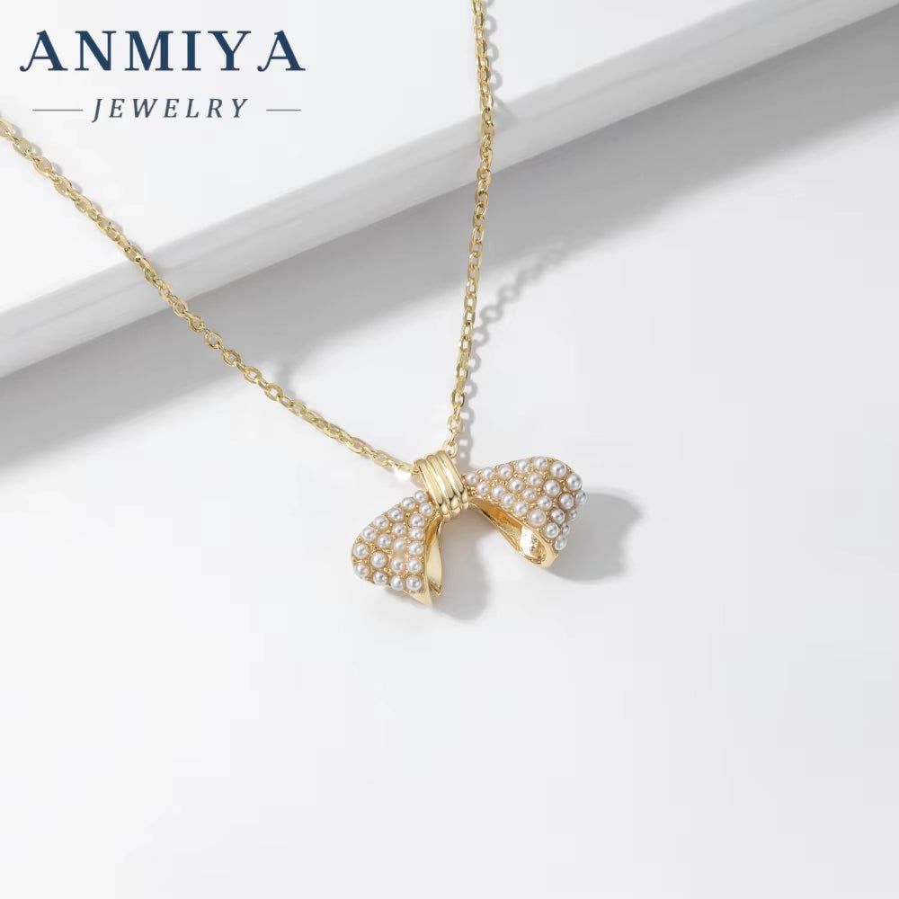 ANMIYA Popular Jewelry Necklace Sets 18K Gold Plated 925 Silver Waterproof Dainty Bow Charm Necklace for Gift