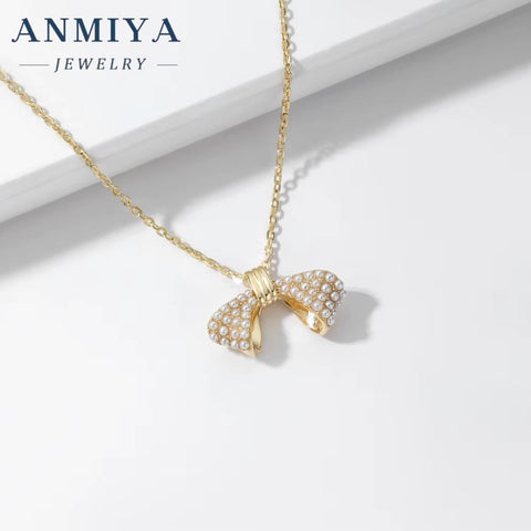 ANMIYA Popular Jewelry Necklace Sets 18K Gold Plated 925 Silver Waterproof Dainty Bow Charm Necklace for Gift