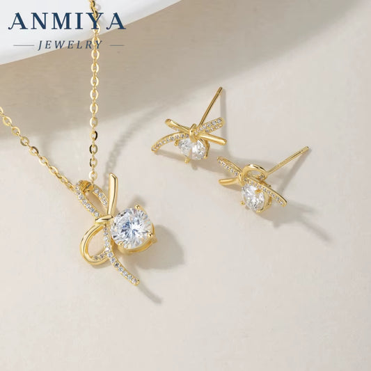Exquisite Wedding Necklace Earring Set 925 Sterling Silver Micro-Inlaid Zircon Bow Jewelry Earrings Necklace for Women Gift