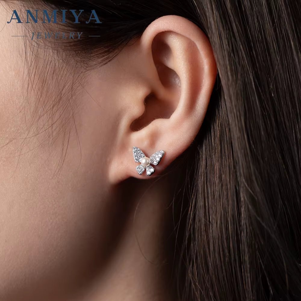 Women Butterfly Wing Earring Stud 925 Sterling Silver Zircon Diamond Butterfly Earrings