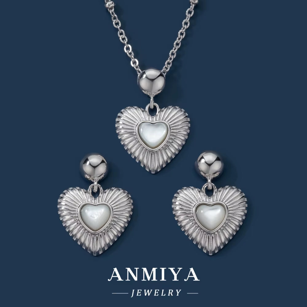 Beautiful Zircon Heart Pendant Necklaces White Shell Diamond Ear Stud 925 Silver Bridal Jewelry Sets for Girls