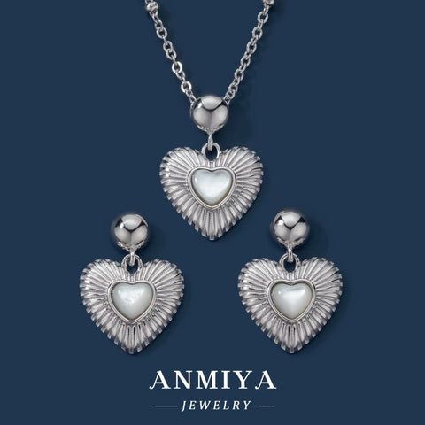 Beautiful Zircon Heart Pendant Necklaces White Shell Diamond Ear Stud 925 Silver Bridal Jewelry Sets for Girls